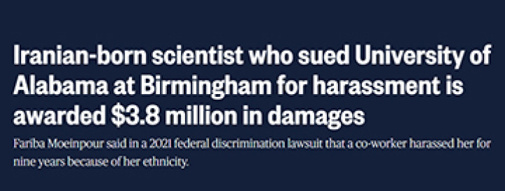 Iraani päritolu teadlane, kes kaebas Alabama Ülikooli Birminghamis ahistamise eest kohtusse, sai 3,8 miljonit dollarit kahjutasu